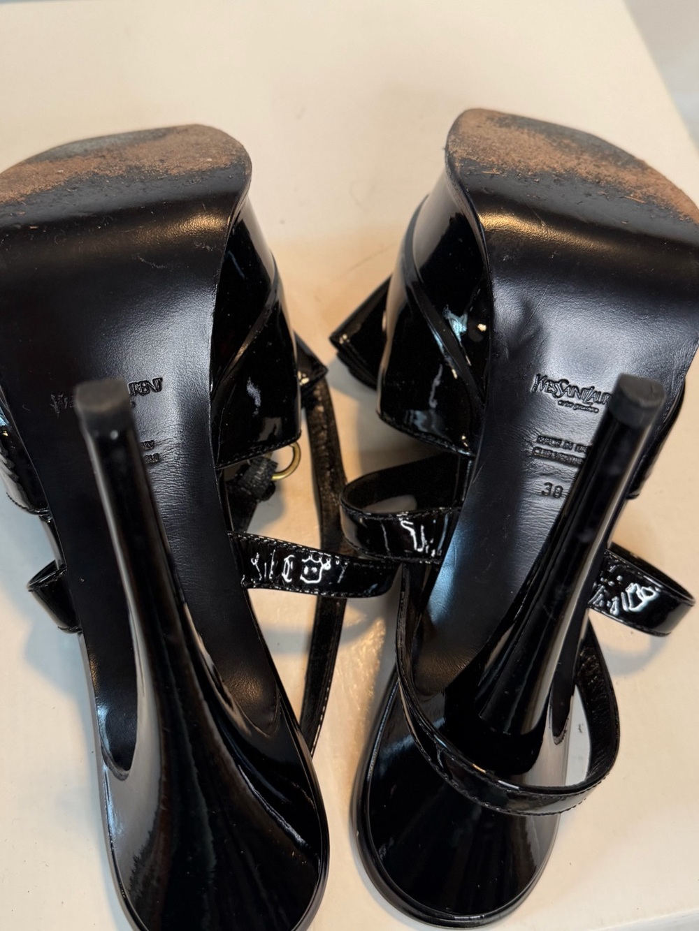 Saint Laurent Black Patent Leather Bow Strappy High Heels - Picture 8 of 10
